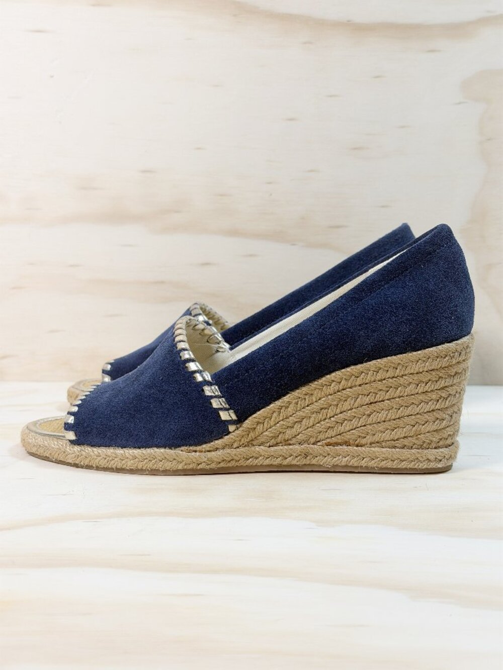Jack Rogers Palmer Navy Suede Open Toe Espadrille Wedge Whipstitch 6M